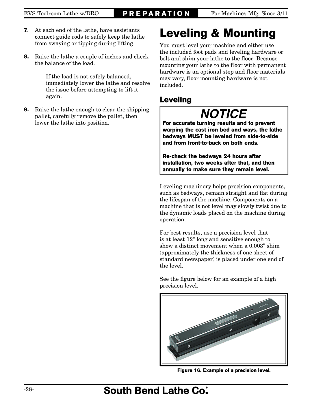 Southbend SB1059F owner manual Leveling & Mounting 