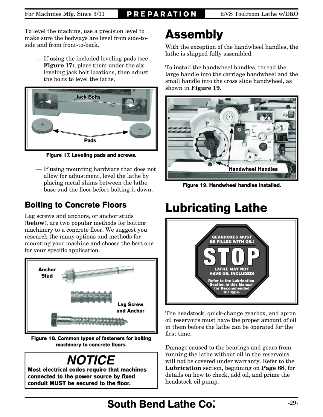 Southbend SB1059F owner manual Assembly, Lubricating Lathe, Bolting to Concrete Floors 