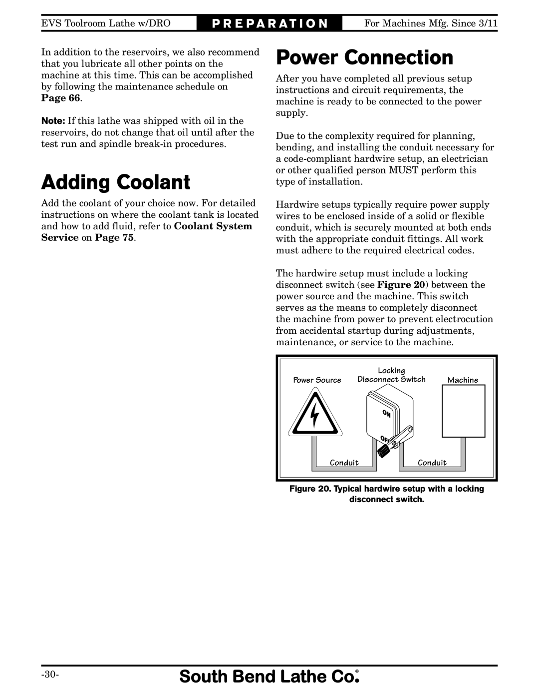 Southbend SB1059F owner manual Adding Coolant, Power Connection 