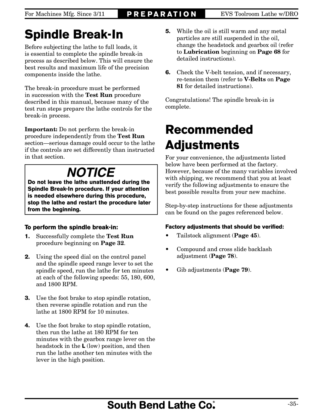 Southbend SB1059F owner manual Spindle Break-In, Recommended Adjustments, To perform the spindle break-in 