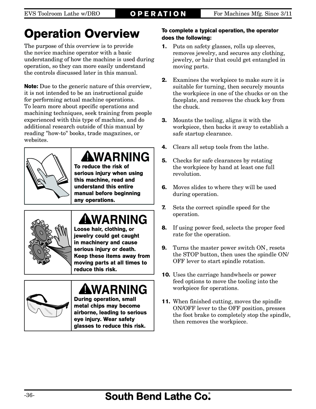 Southbend SB1059F owner manual Operation Overview 