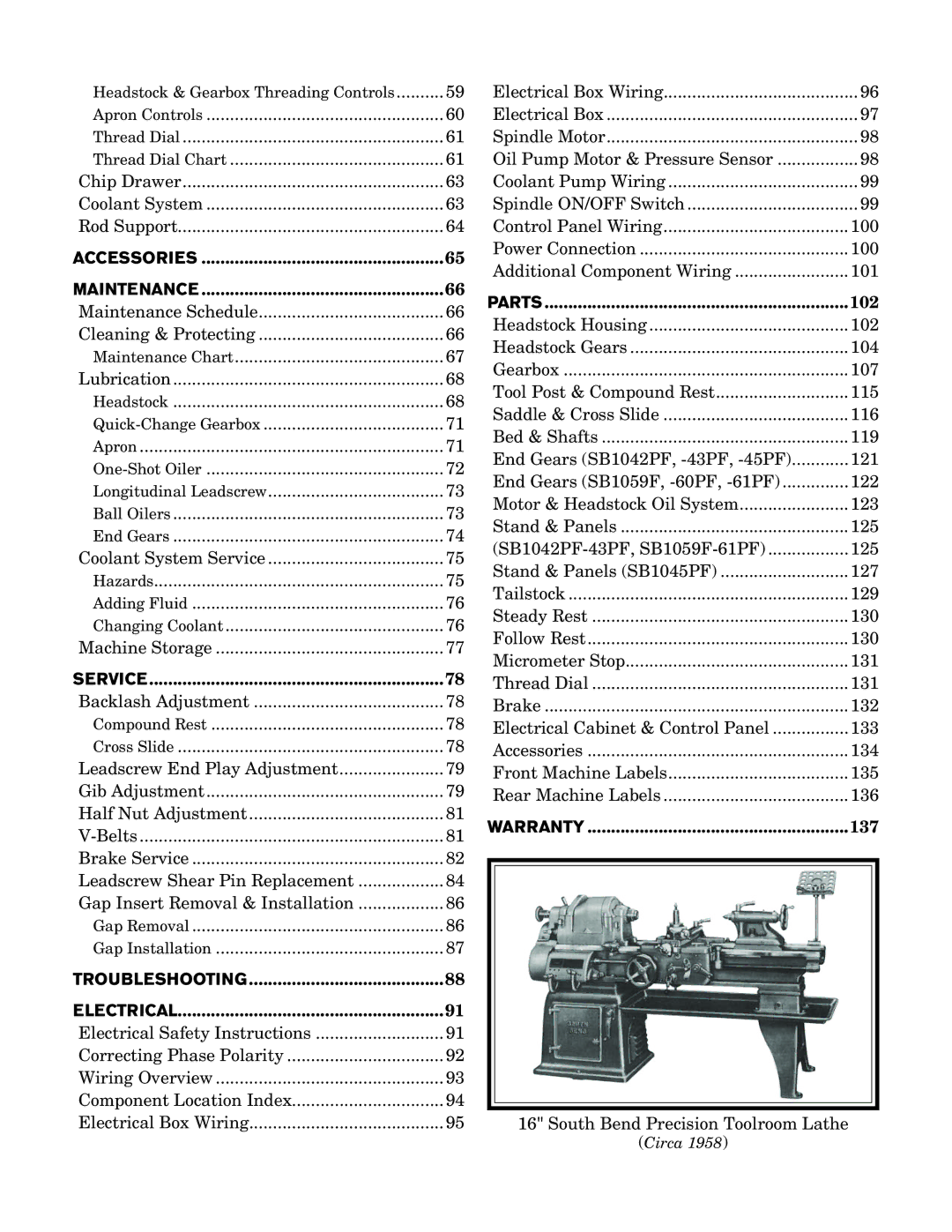 Southbend SB1059F owner manual Warranty 