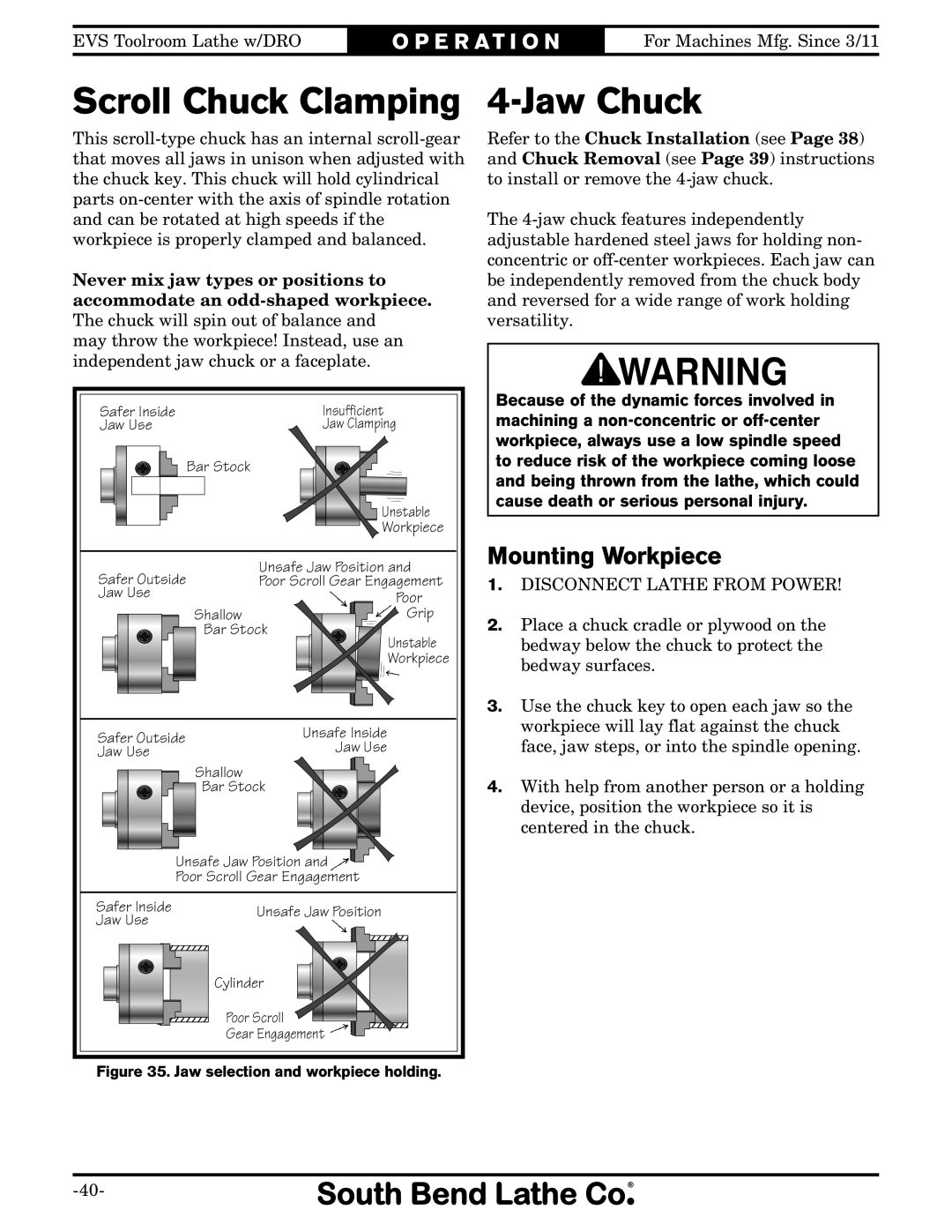 Southbend SB1059F owner manual Scroll Chuck Clamping, Jaw Chuck, Mounting Workpiece 