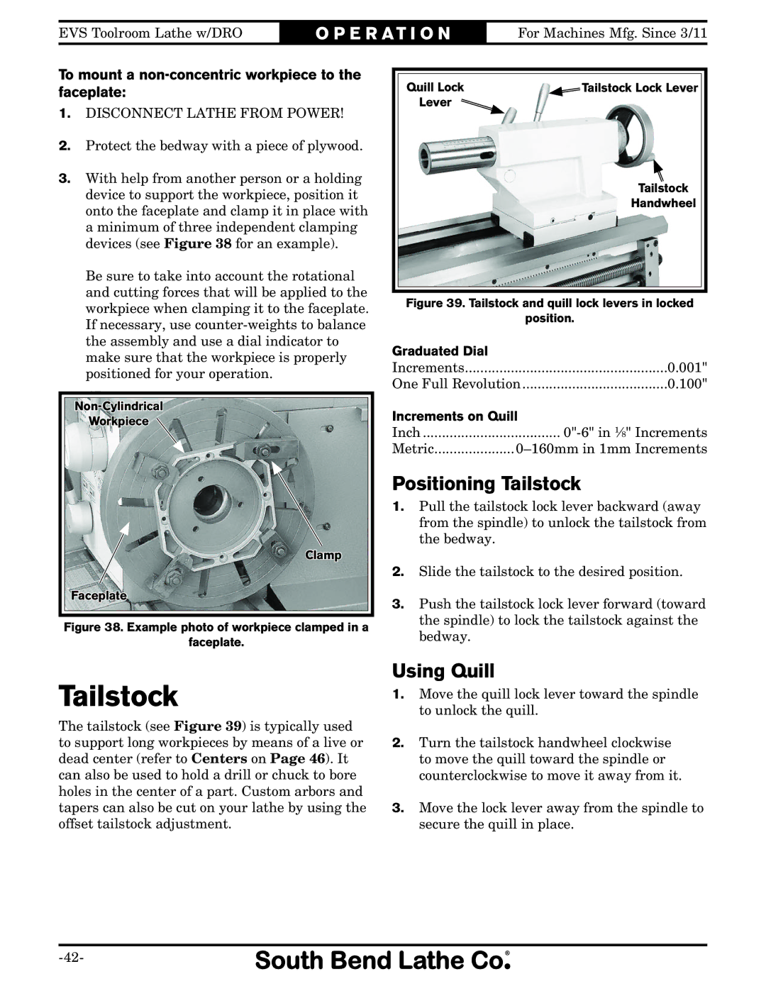 Southbend SB1059F owner manual Positioning Tailstock, Using Quill, To mount a non-concentric workpiece to the faceplate 