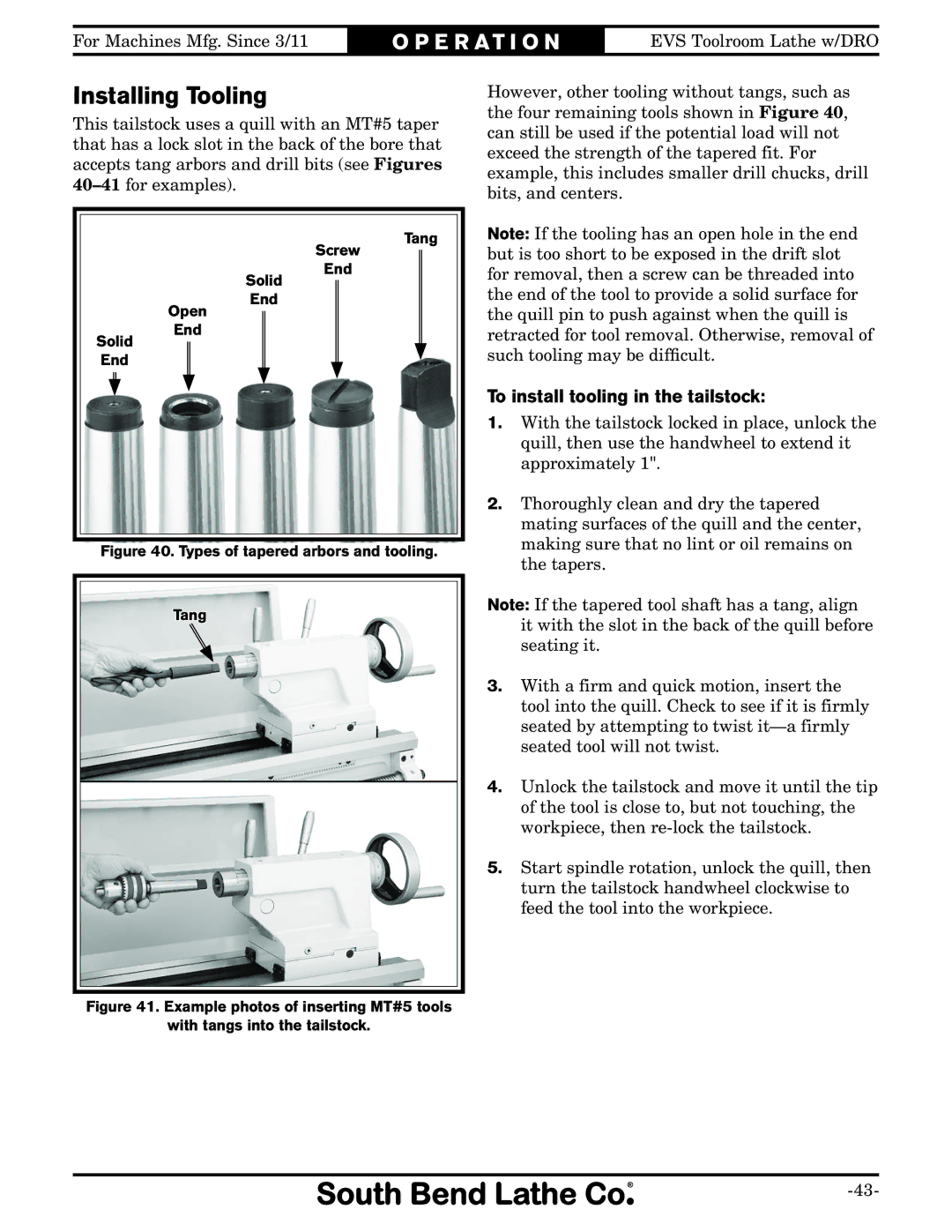 Southbend SB1059F owner manual Installing Tooling, To install tooling in the tailstock 