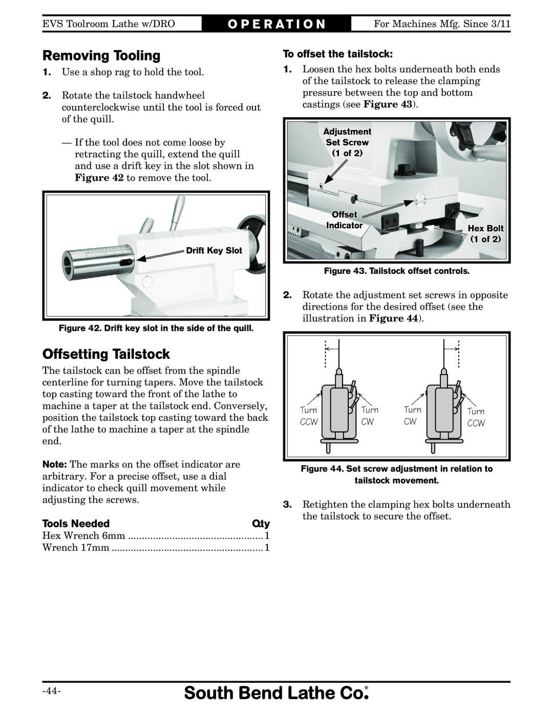 Southbend SB1059F owner manual Removing Tooling, Offsetting Tailstock, To offset the tailstock, Tools Needed Qty 