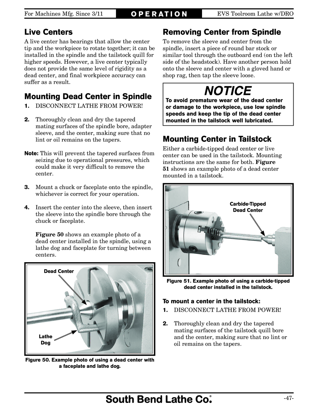 Southbend SB1059F owner manual Live Centers, Mounting Dead Center in Spindle, Removing Center from Spindle 