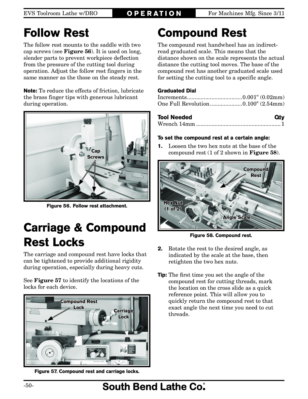 Southbend SB1059F owner manual Follow Rest, Compound Rest, Tool Needed Qty, To set the compound rest at a certain angle 