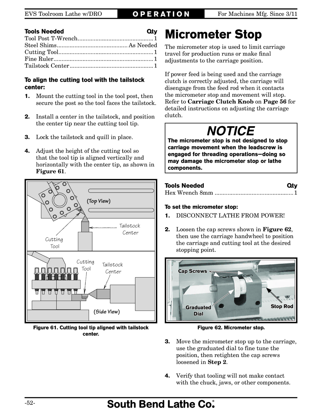 Southbend SB1059F owner manual Micrometer Stop, To align the cutting tool with the tailstock center, Side View 