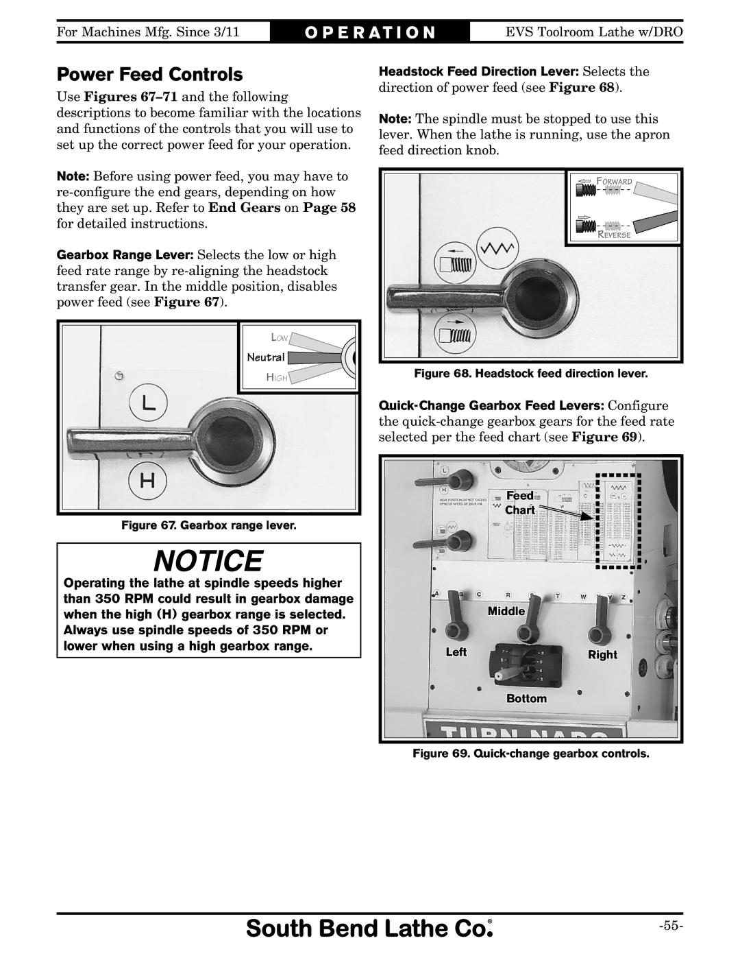 Southbend SB1059F owner manual Power Feed Controls, Gearbox range lever 