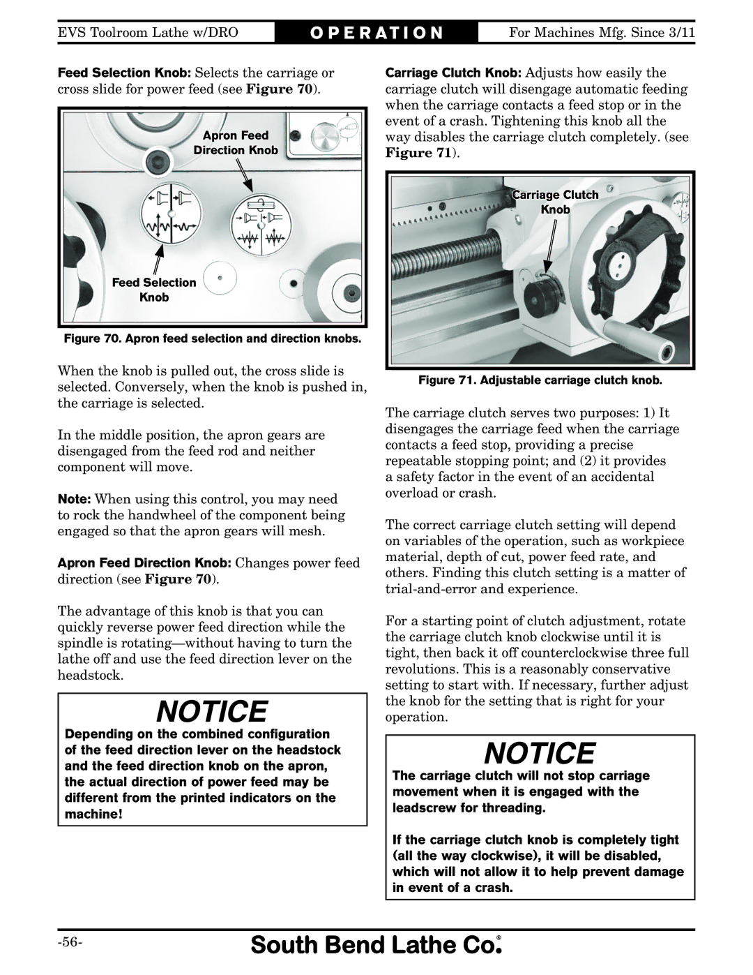 Southbend SB1059F owner manual Apron feed selection and direction knobs 