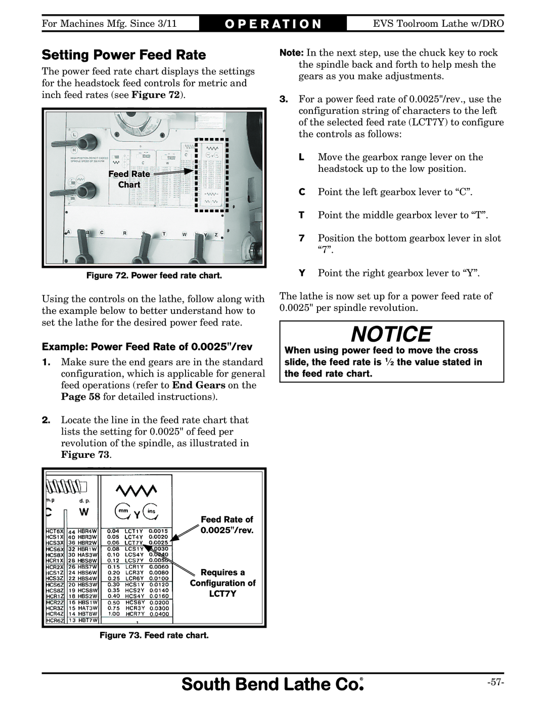 Southbend SB1059F owner manual Setting Power Feed Rate, Example Power Feed Rate of 0.0025/rev 