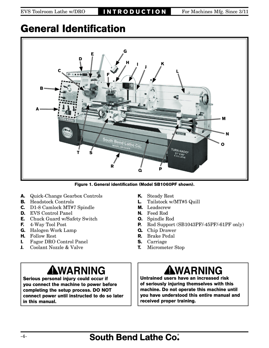 Southbend SB1059F owner manual General Identiﬁcation, General identification Model SB1060PF shown 