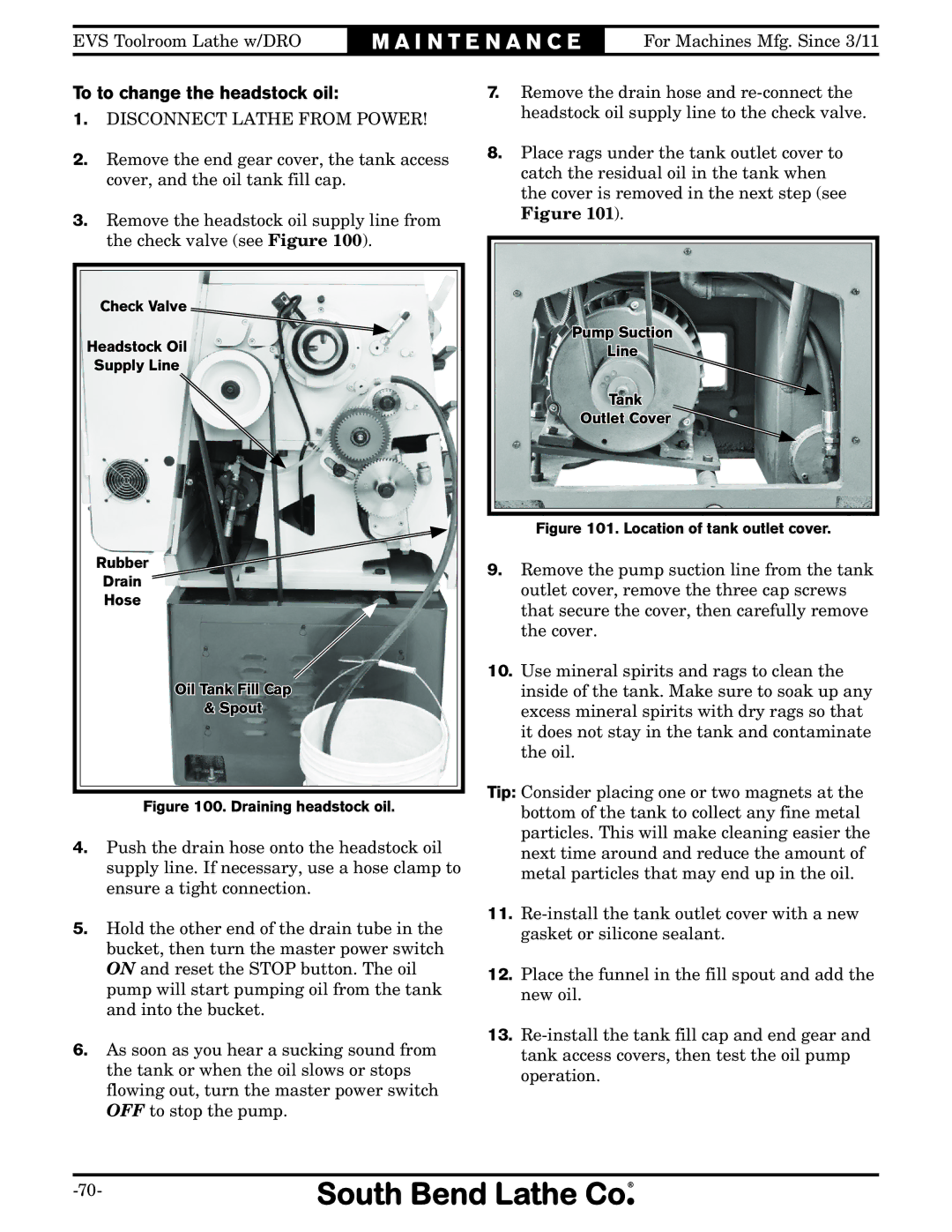 Southbend SB1059F owner manual To to change the headstock oil, Draining headstock oil 