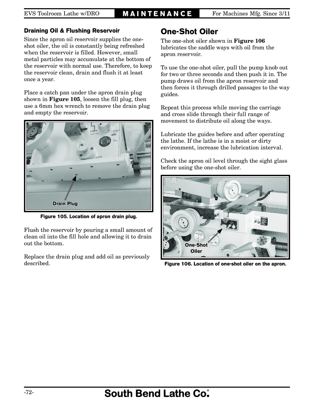 Southbend SB1059F owner manual One-Shot Oiler, Draining Oil & Flushing Reservoir 