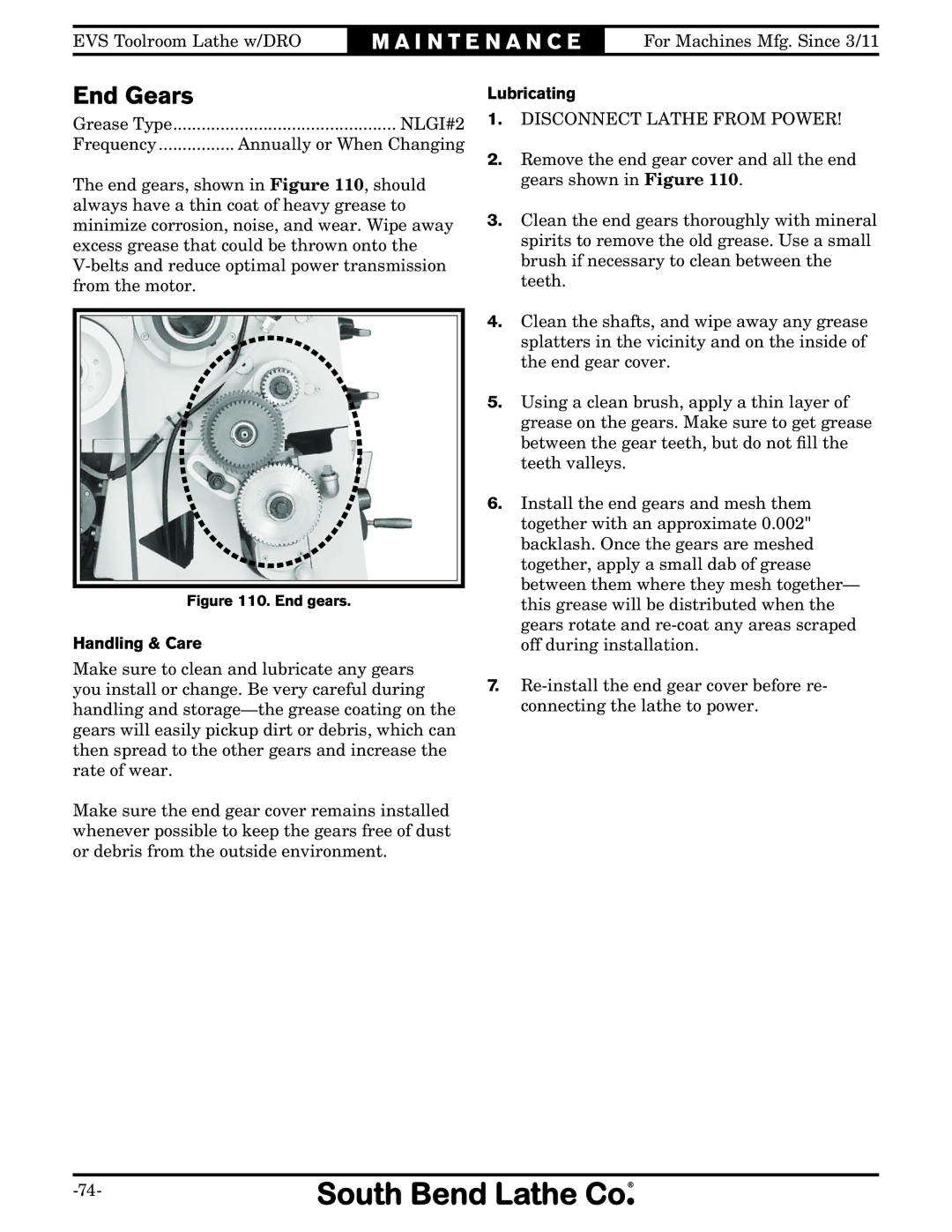 Southbend SB1059F owner manual End Gears, Handling & Care, Lubricating 