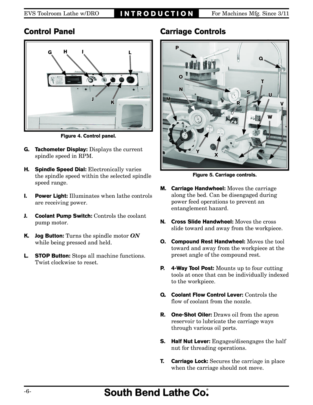 Southbend SB1059F owner manual Control Panel, Carriage Controls 