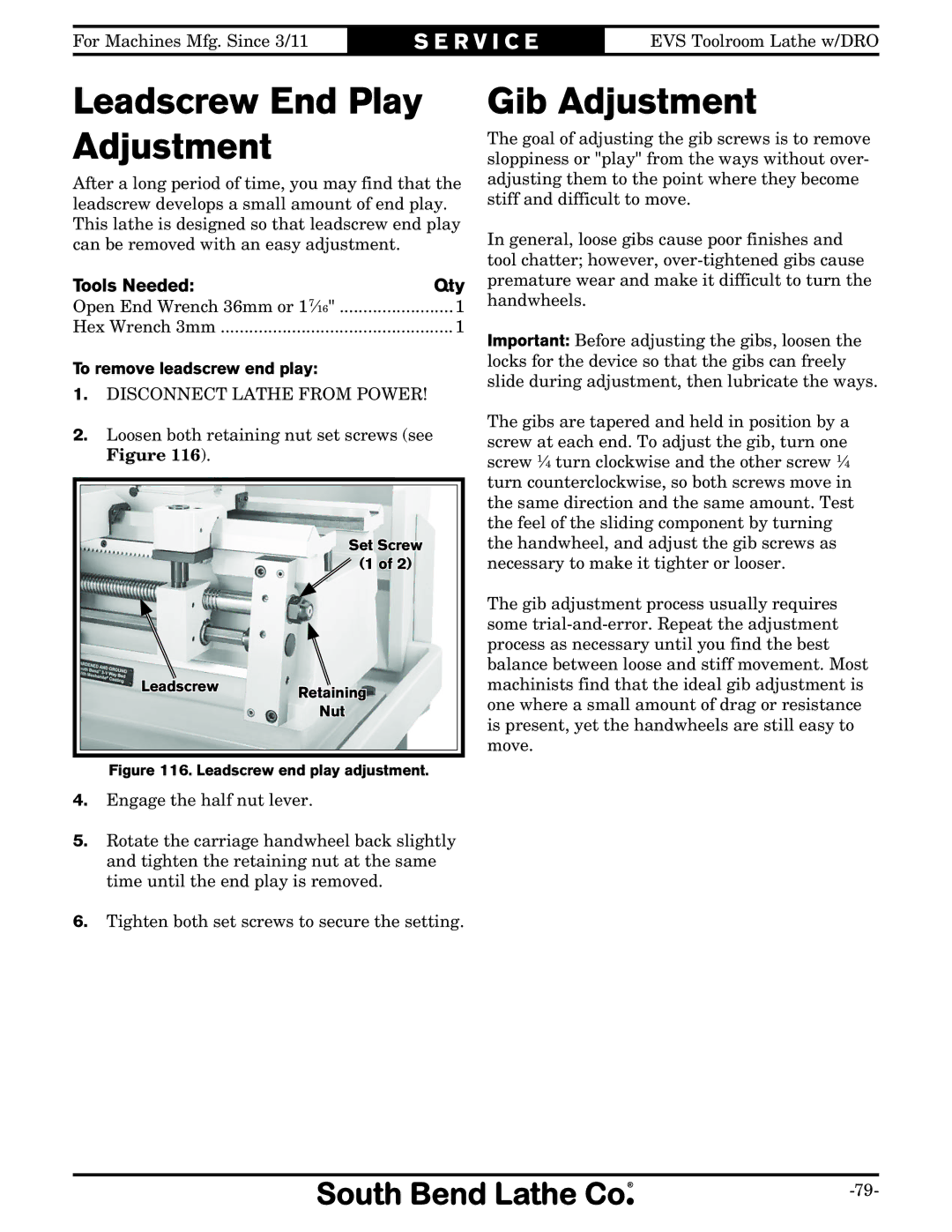 Southbend SB1059F owner manual Leadscrew End Play Adjustment, Gib Adjustment, To remove leadscrew end play 