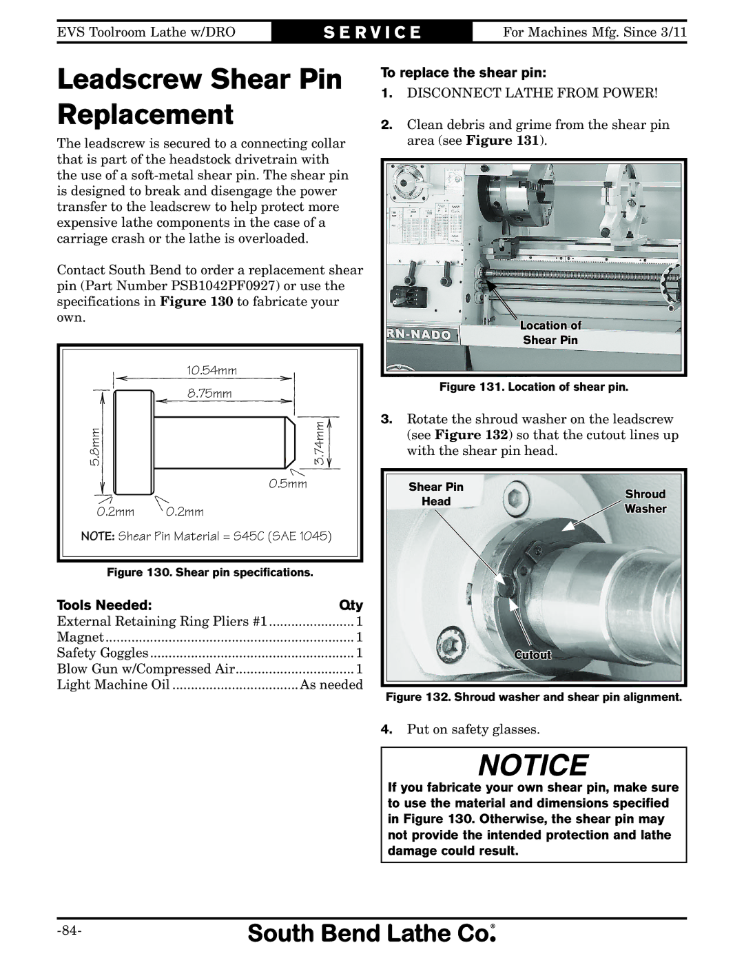 Southbend SB1059F owner manual Leadscrew Shear Pin Replacement, To replace the shear pin 