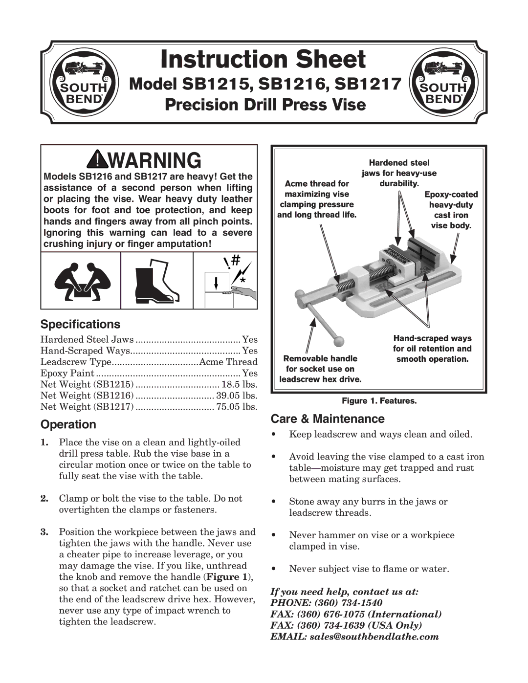 Southbend instruction sheet Instruction Sheet, Model SB1215, SB1216, SB1217 Precision Drill Press Vise, Specifications 