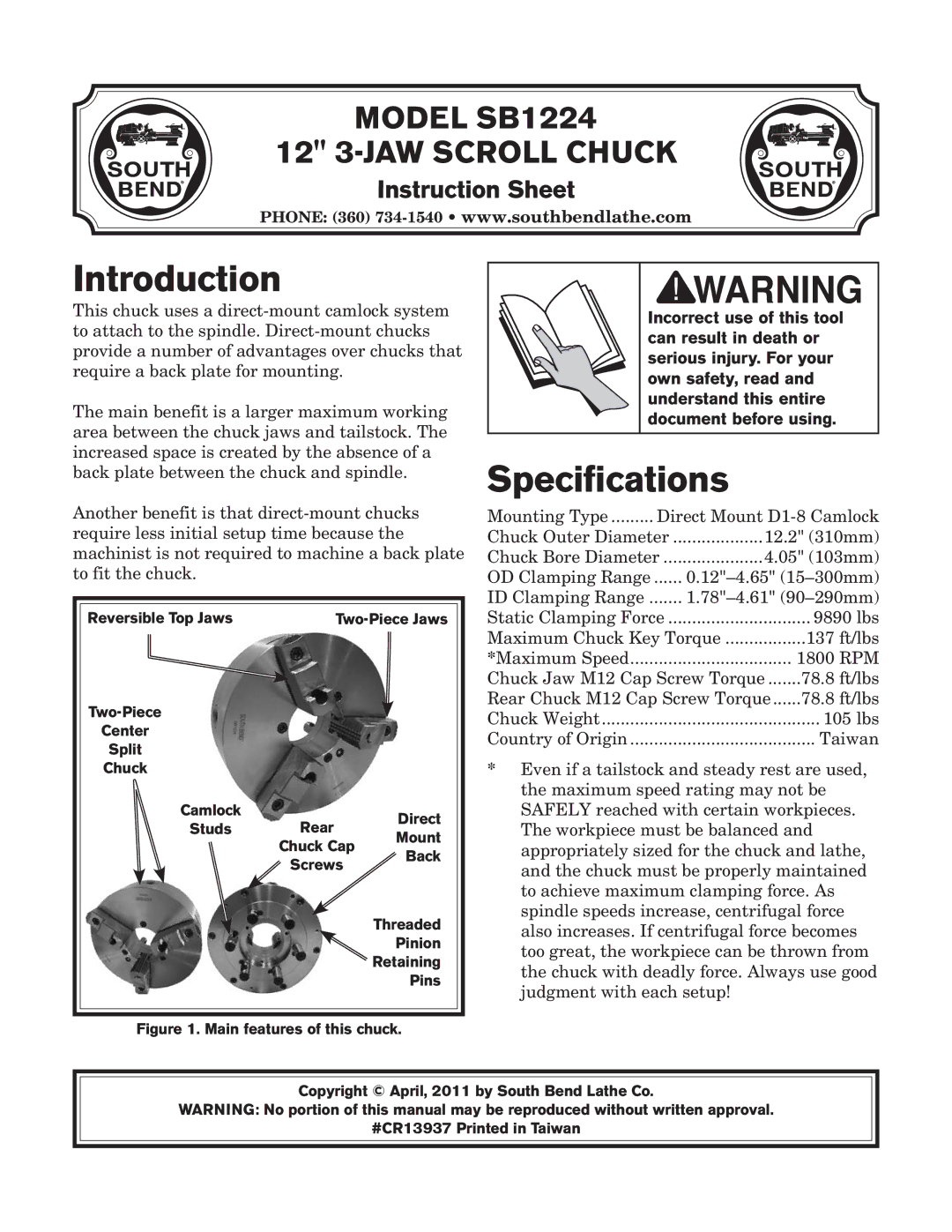 Southbend SB1224 instruction sheet Introduction, Specifications, Instruction Sheet 