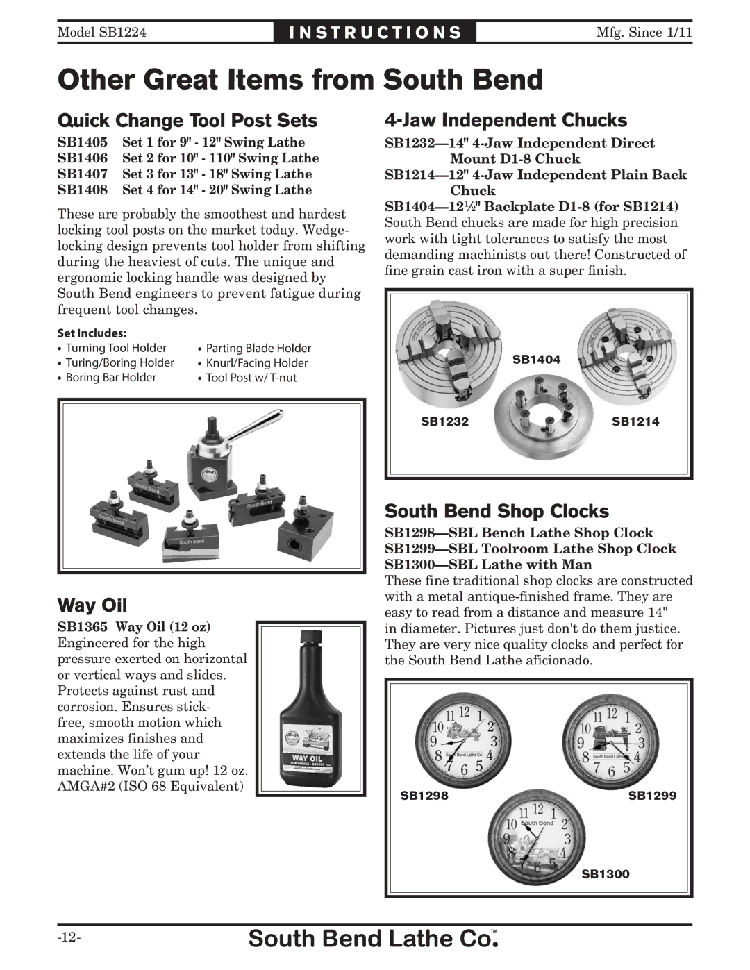 Southbend SB1224 Other Great Items from South Bend, Quick Change Tool Post Sets, Way Oil, Jaw Independent Chucks 