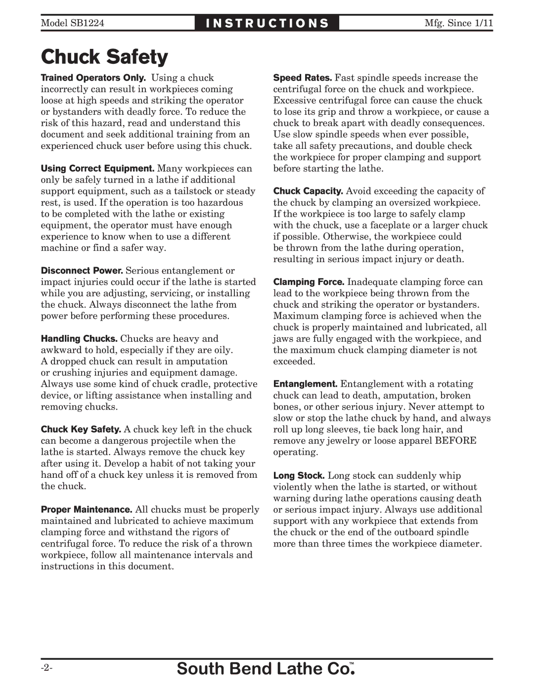 Southbend SB1224 instruction sheet Chuck Safety 