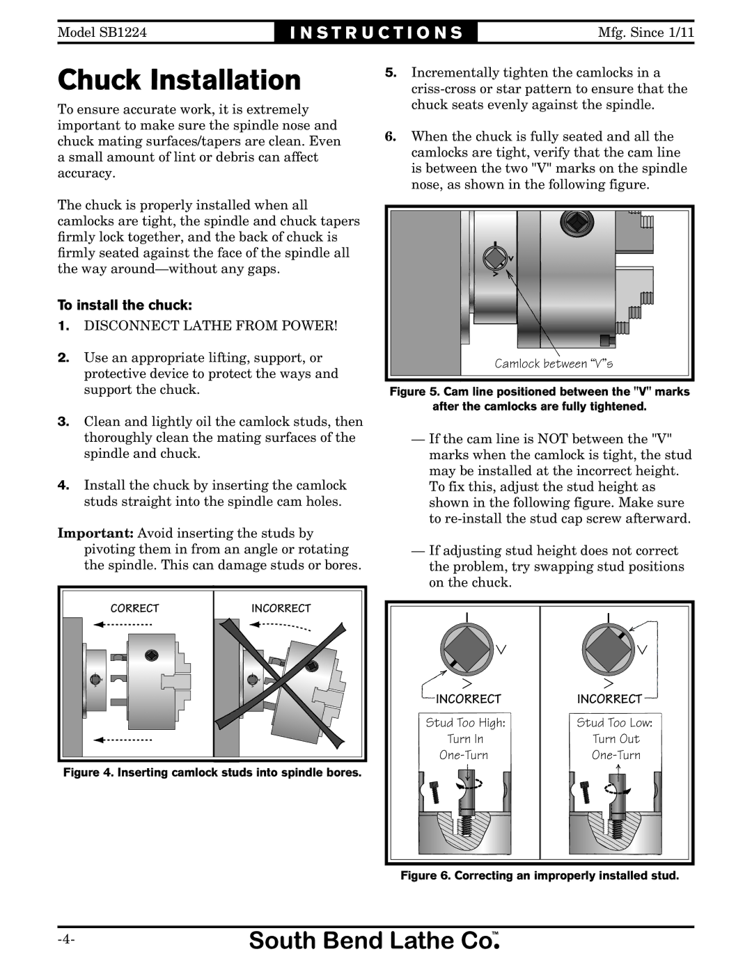 Southbend SB1224 instruction sheet Chuck Installation, To install the chuck, Camlock between Vs 