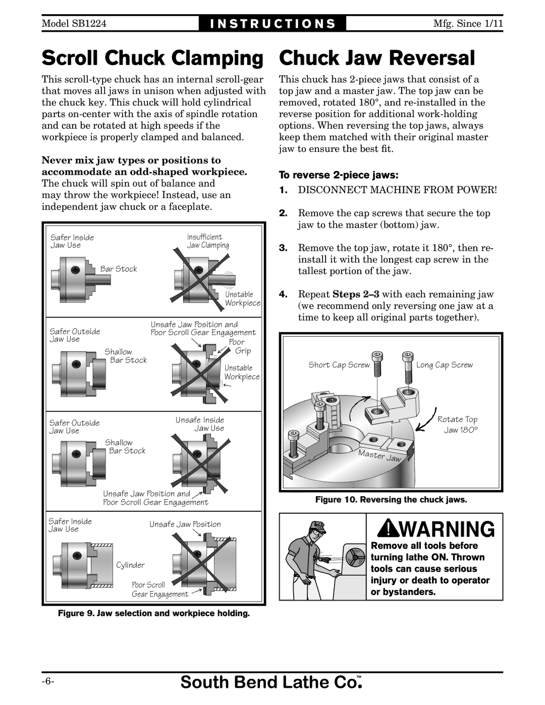 Southbend SB1224 instruction sheet Scroll Chuck Clamping, Chuck Jaw Reversal, To reverse 2-piece jaws 