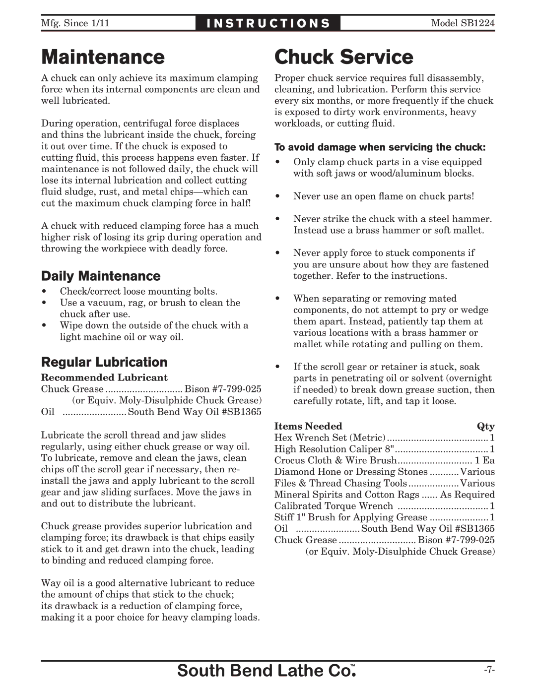 Southbend SB1224 Chuck Service, Daily Maintenance, Regular Lubrication, To avoid damage when servicing the chuck 