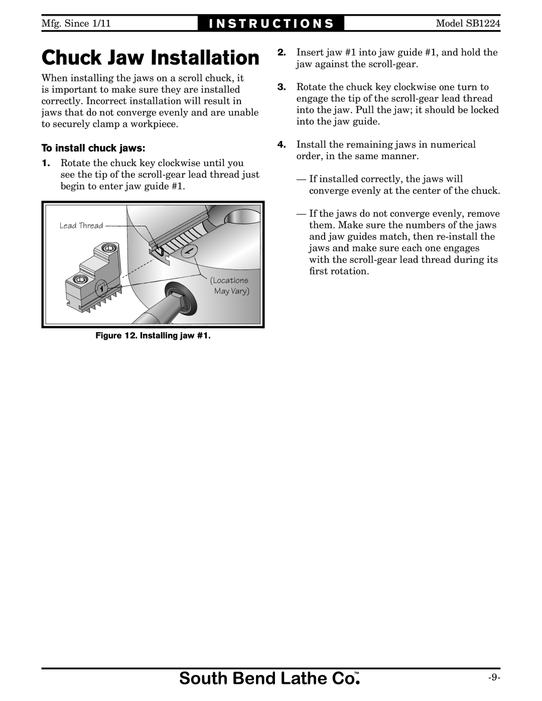 Southbend SB1224 instruction sheet Chuck Jaw Installation, To install chuck jaws 