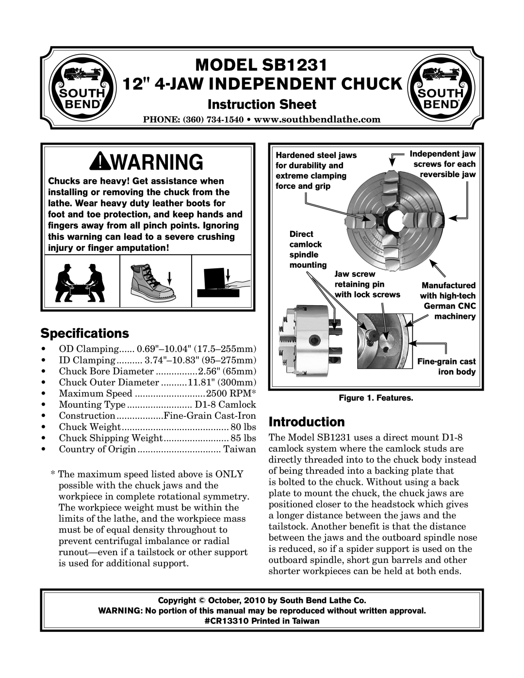 Southbend SB1231 specifications Instruction Sheet, Specifications, Introduction 