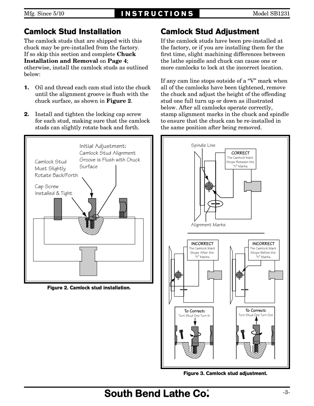 Southbend SB1231 specifications Camlock Stud Installation, Camlock Stud Adjustment, Camlock Stud Must Slightly 