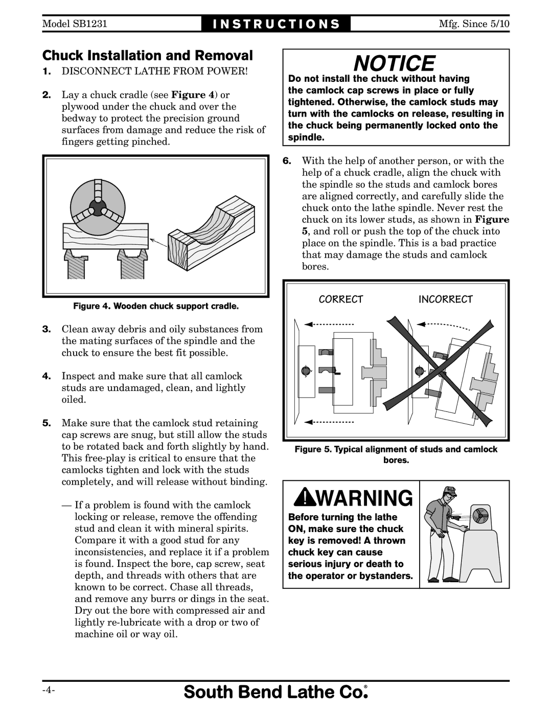 Southbend SB1231 specifications Chuck Installation and Removal, Disconnect Lathe from Power 