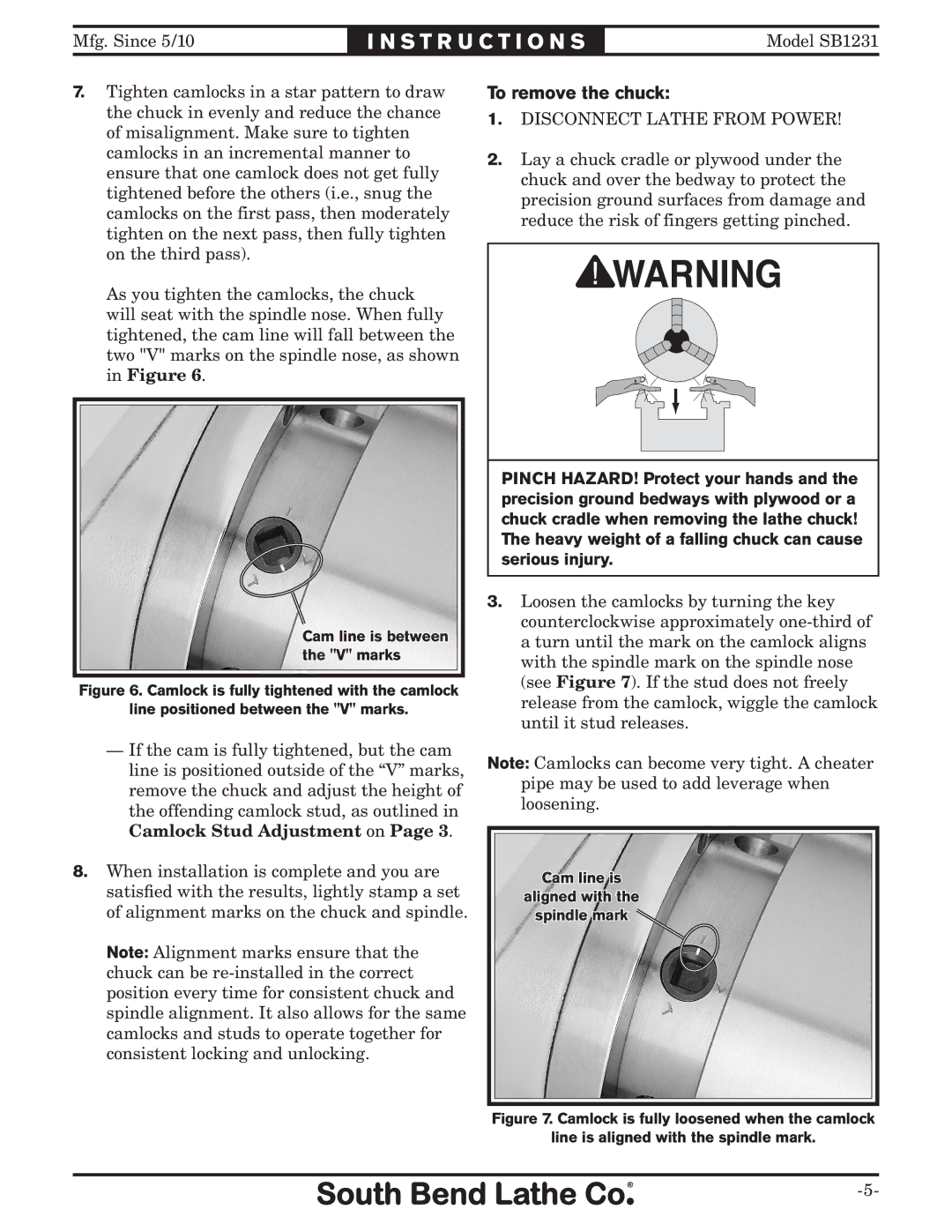 Southbend SB1231 specifications To remove the chuck, Camlock Stud Adjustment on 