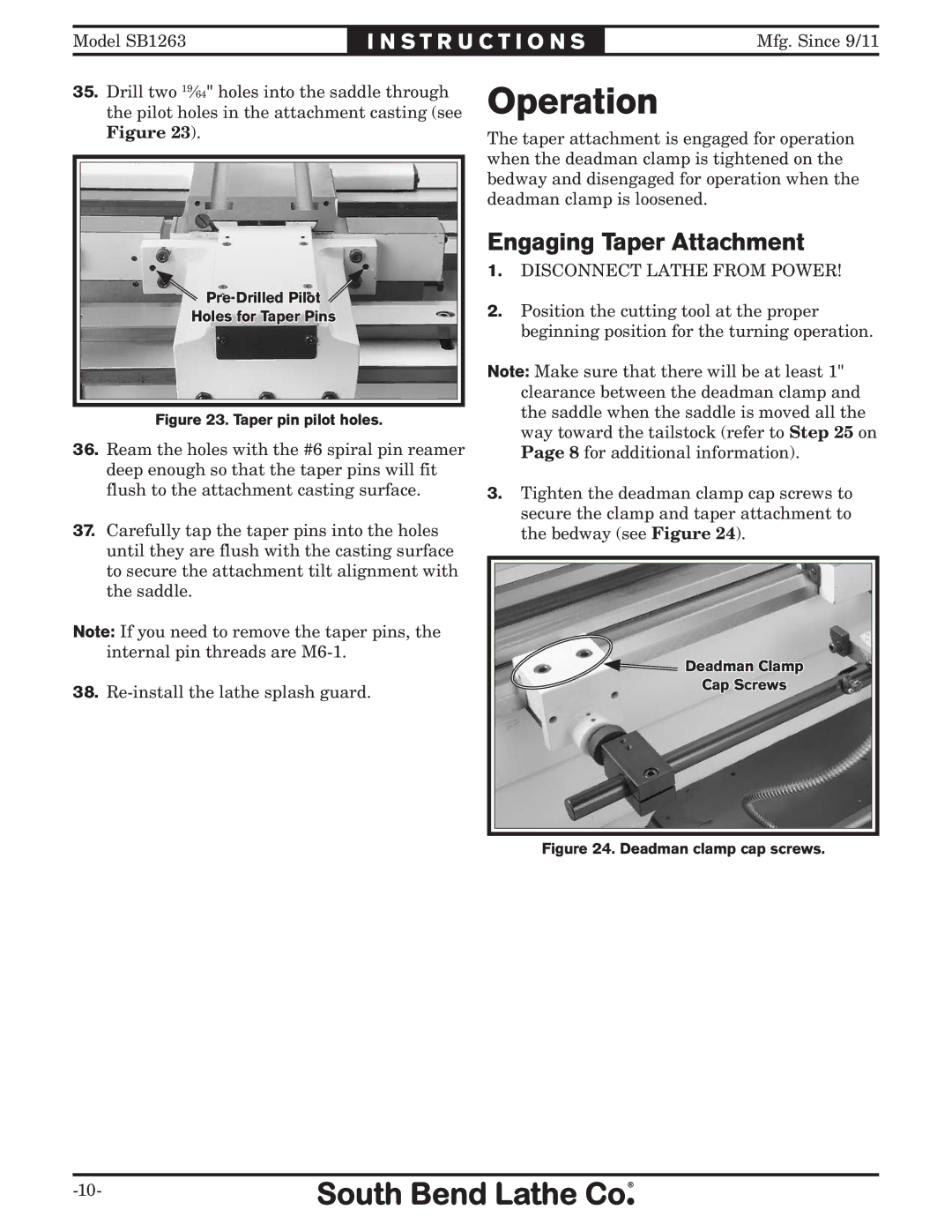 Southbend SB1263 instruction sheet Operation, Engaging Taper Attachment 