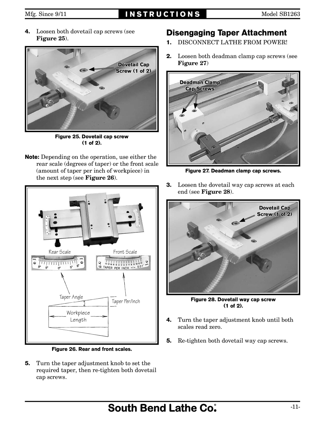 Southbend SB1263 instruction sheet Disengaging Taper Attachment, Workpiece Length 