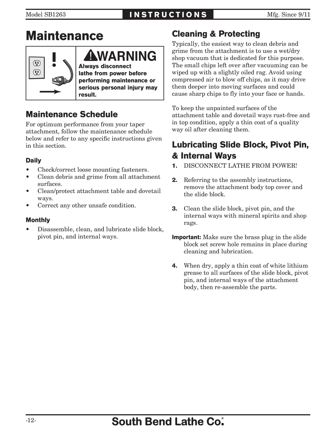 Southbend SB1263 Maintenance Schedule, Cleaning & Protecting, Lubricating Slide Block, Pivot Pin, & Internal Ways 