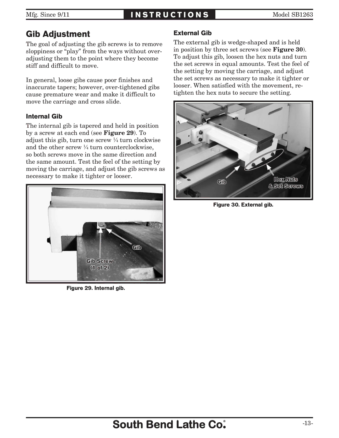 Southbend SB1263 instruction sheet Gib Adjustment, Internal Gib 