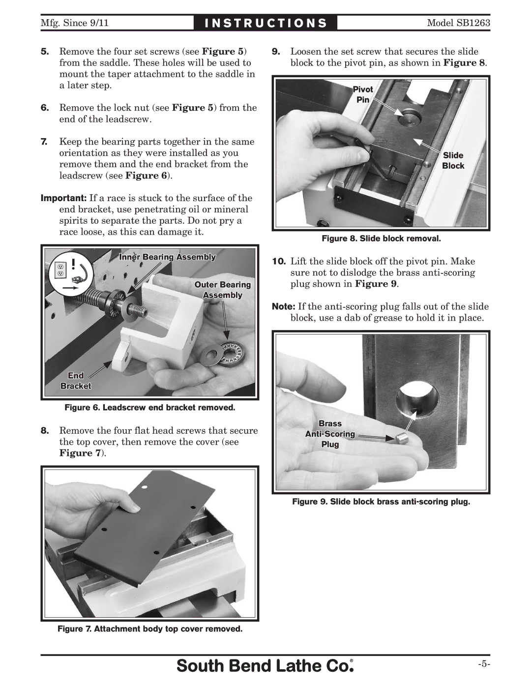 Southbend SB1263 instruction sheet Leadscrew end bracket removed 