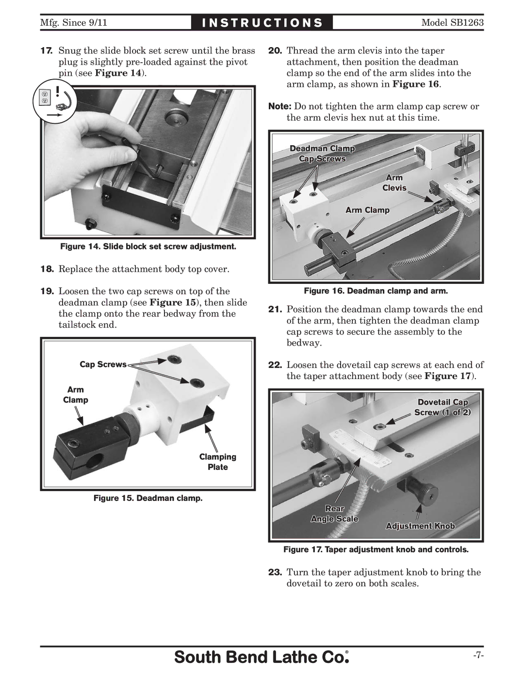 Southbend SB1263 instruction sheet Slide block set screw adjustment 