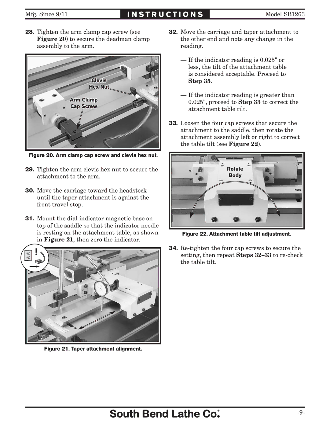 Southbend SB1263 instruction sheet Arm clamp cap screw and clevis hex nut 