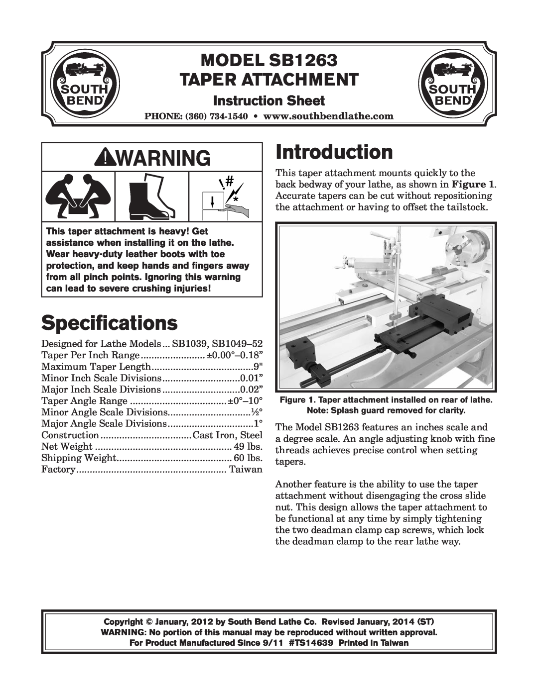 Southbend instruction sheet Specifications, Introduction, Instruction Sheet, MODEL SB1263 TAPER ATTACHMENT 