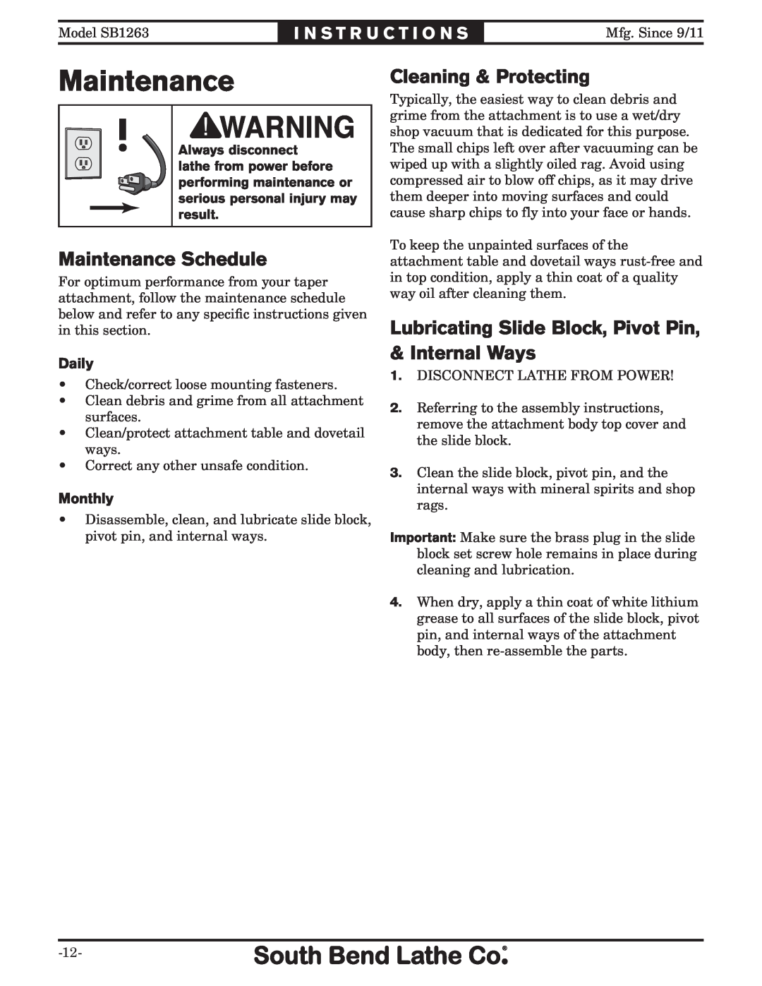 Southbend SB1263 Maintenance Schedule, Cleaning & Protecting, Lubricating Slide Block, Pivot Pin, & Internal Ways 