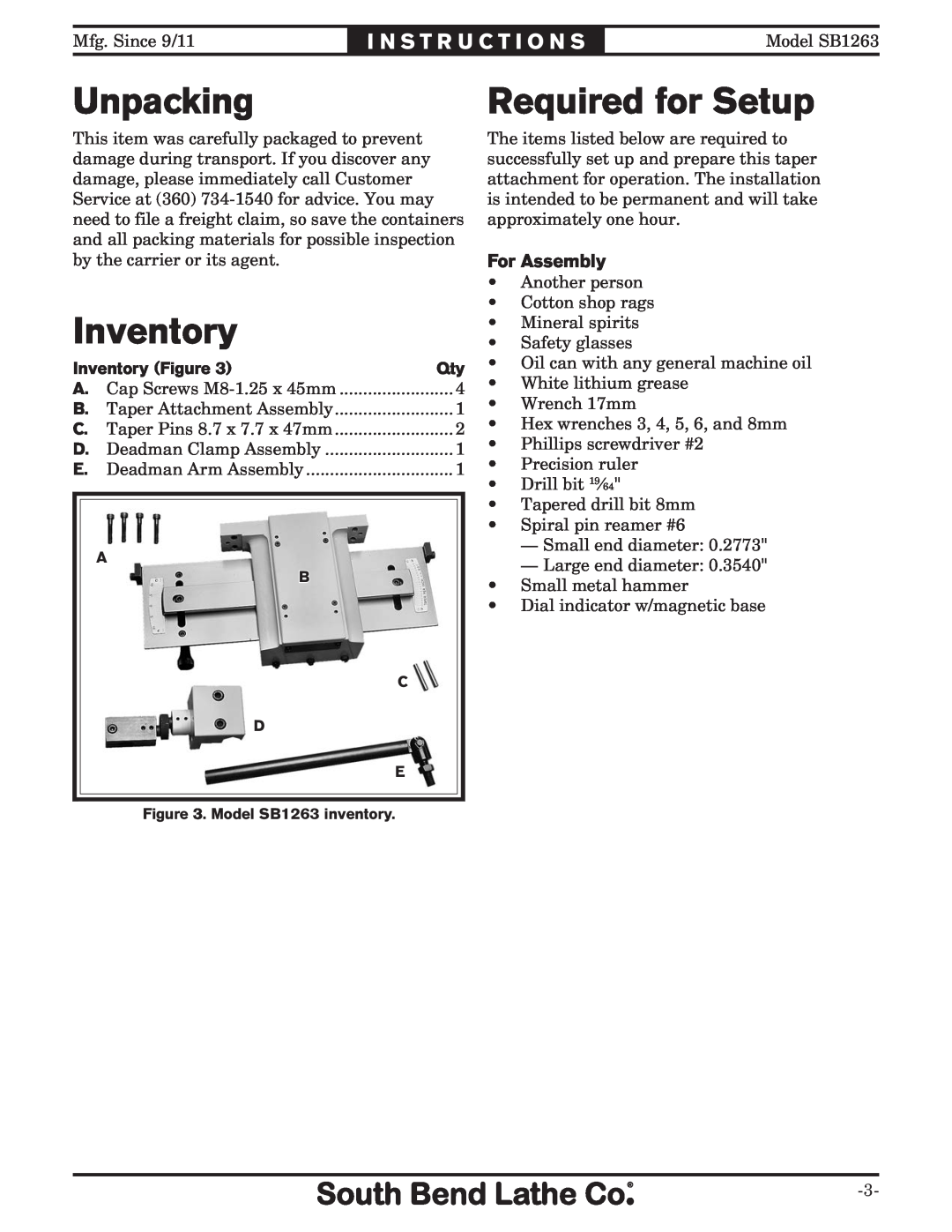 Southbend SB1263 instruction sheet Unpacking, Inventory, For Assembly, Required for Setup 