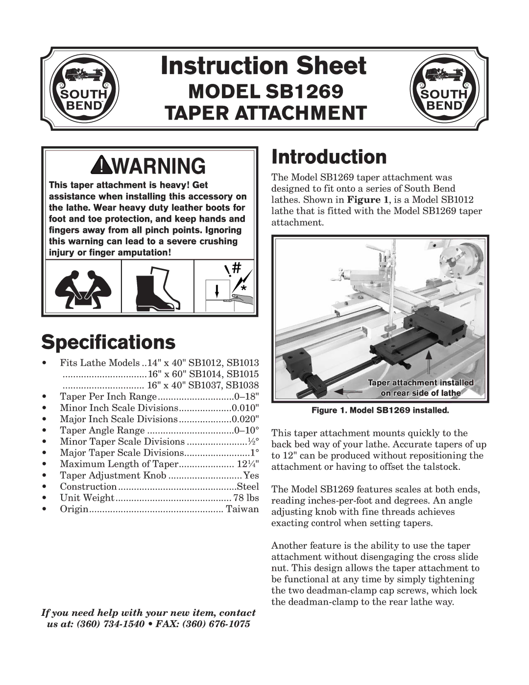 Southbend SB1269 instruction sheet Specifications, Introduction 