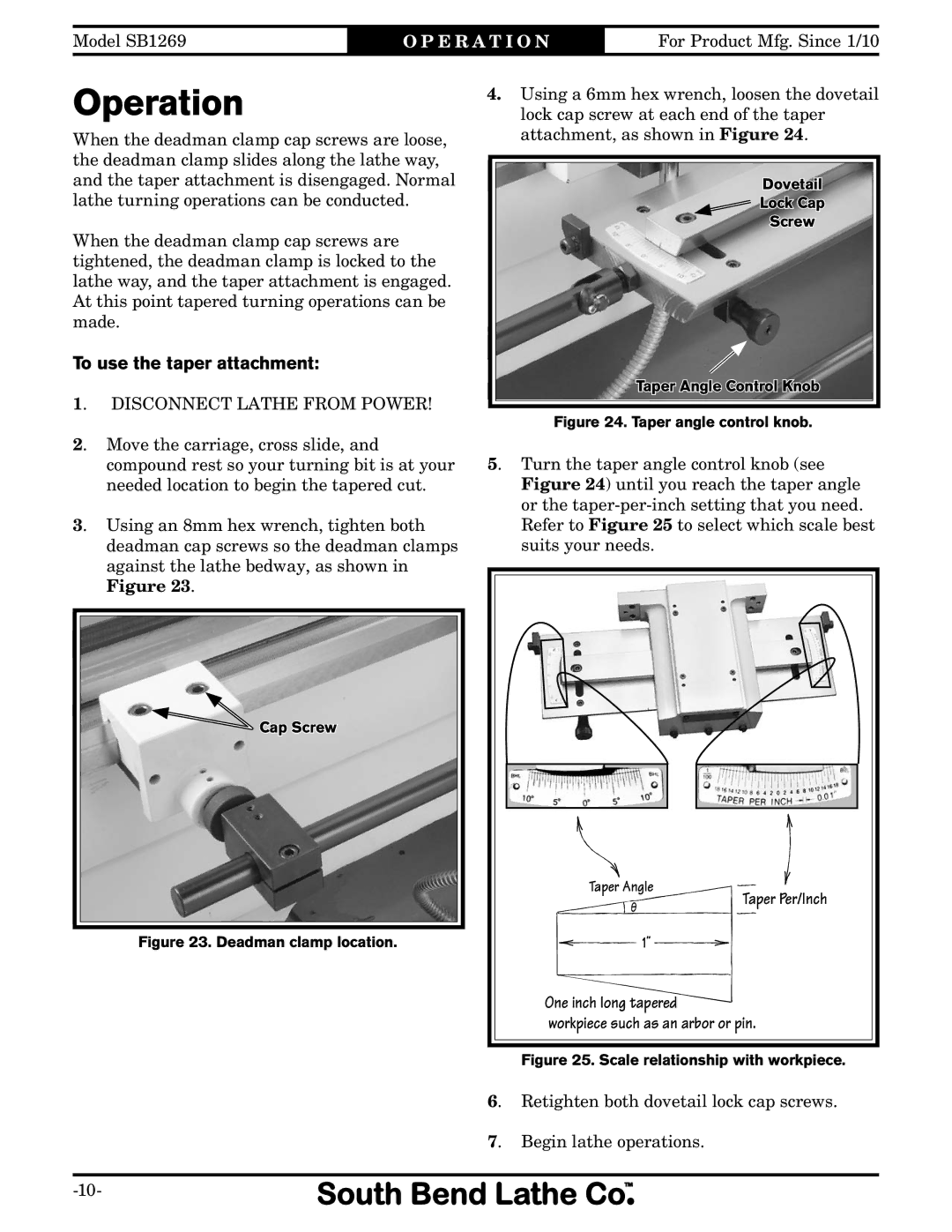 Southbend SB1269 instruction sheet Operation, To use the taper attachment 