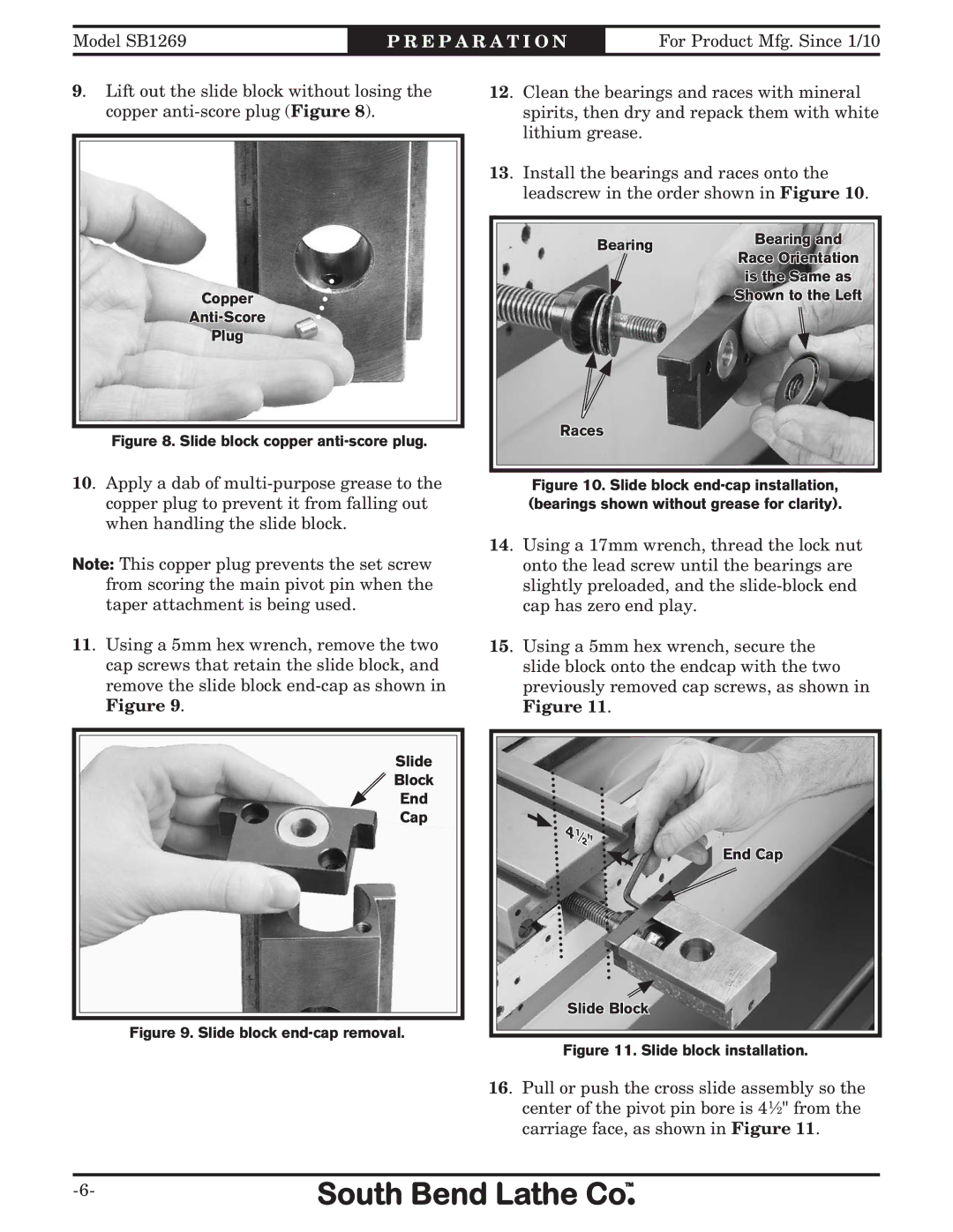 Southbend SB1269 instruction sheet Slide block copper anti-score plug 