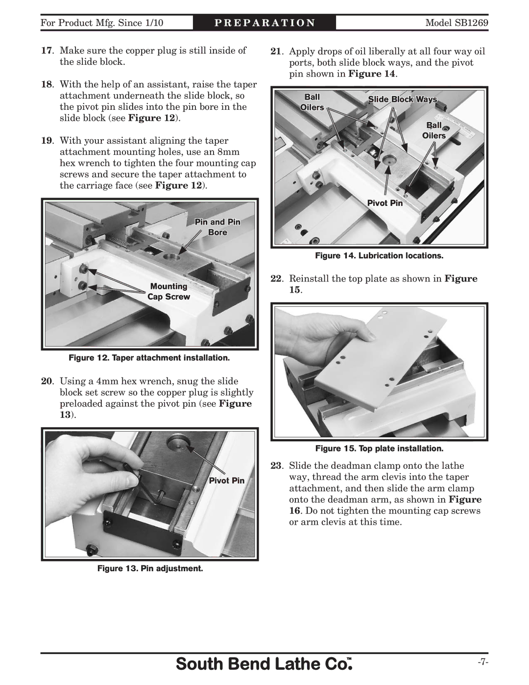 Southbend SB1269 instruction sheet Reinstall the top plate as shown in Figure 