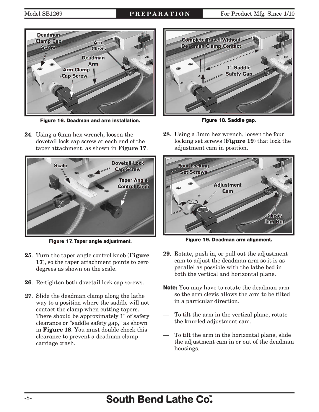 Southbend SB1269 instruction sheet Deadman and arm installation 